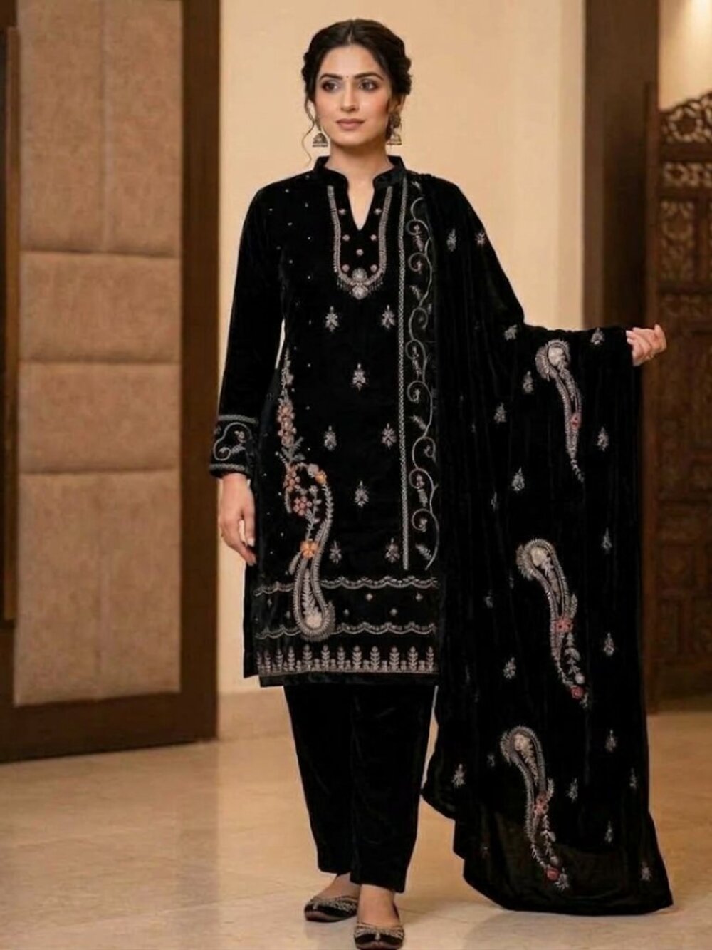 Women's 3-Piece Black Velvet Outfit Set, Embroidered Long Sleeve Tunic Top, Soli